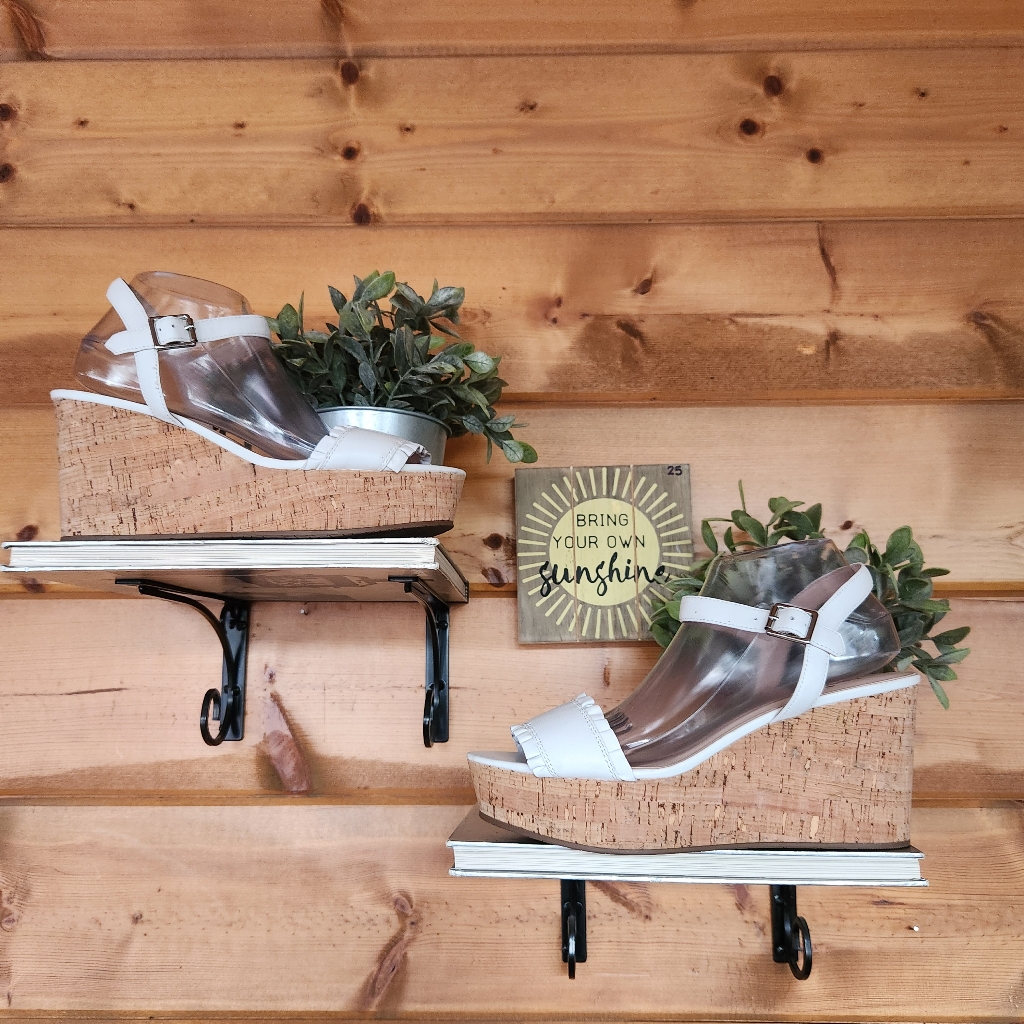 Kate Spade Tomas White Leather Ruffle Strappy Cork Platform Wedge Sandals Sz 10m